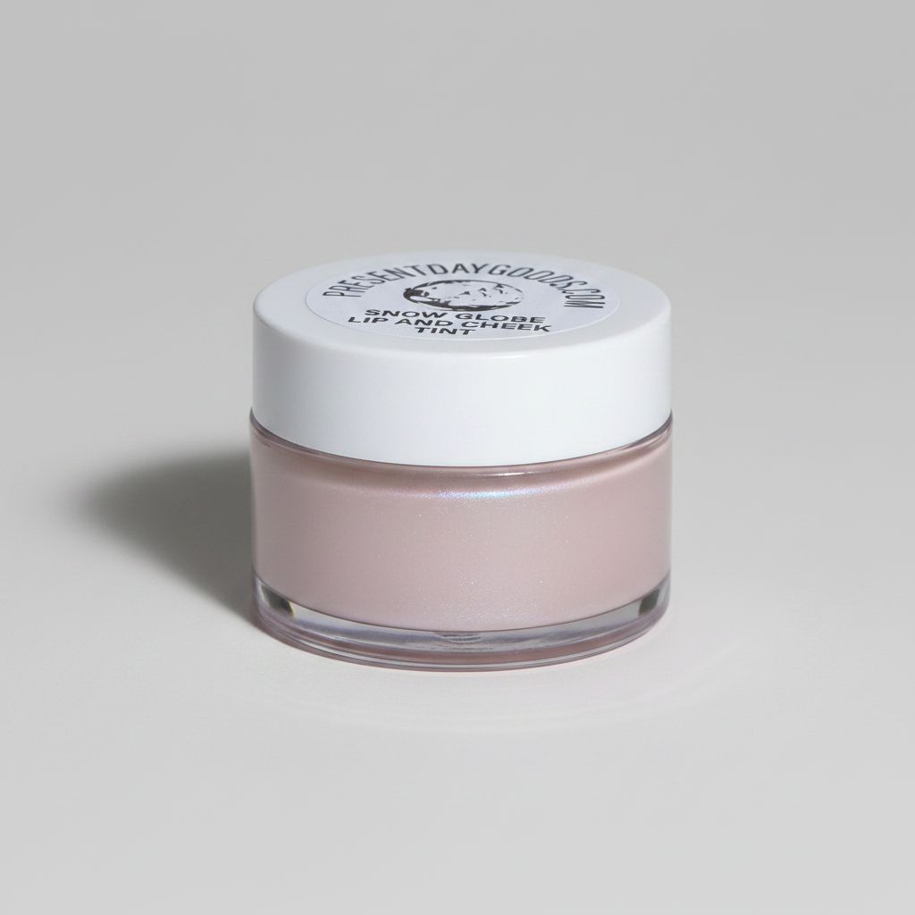 A small clear jar of lip gloss with a white lid, filled with a pale pink shimmering gloss, on a light gray background.