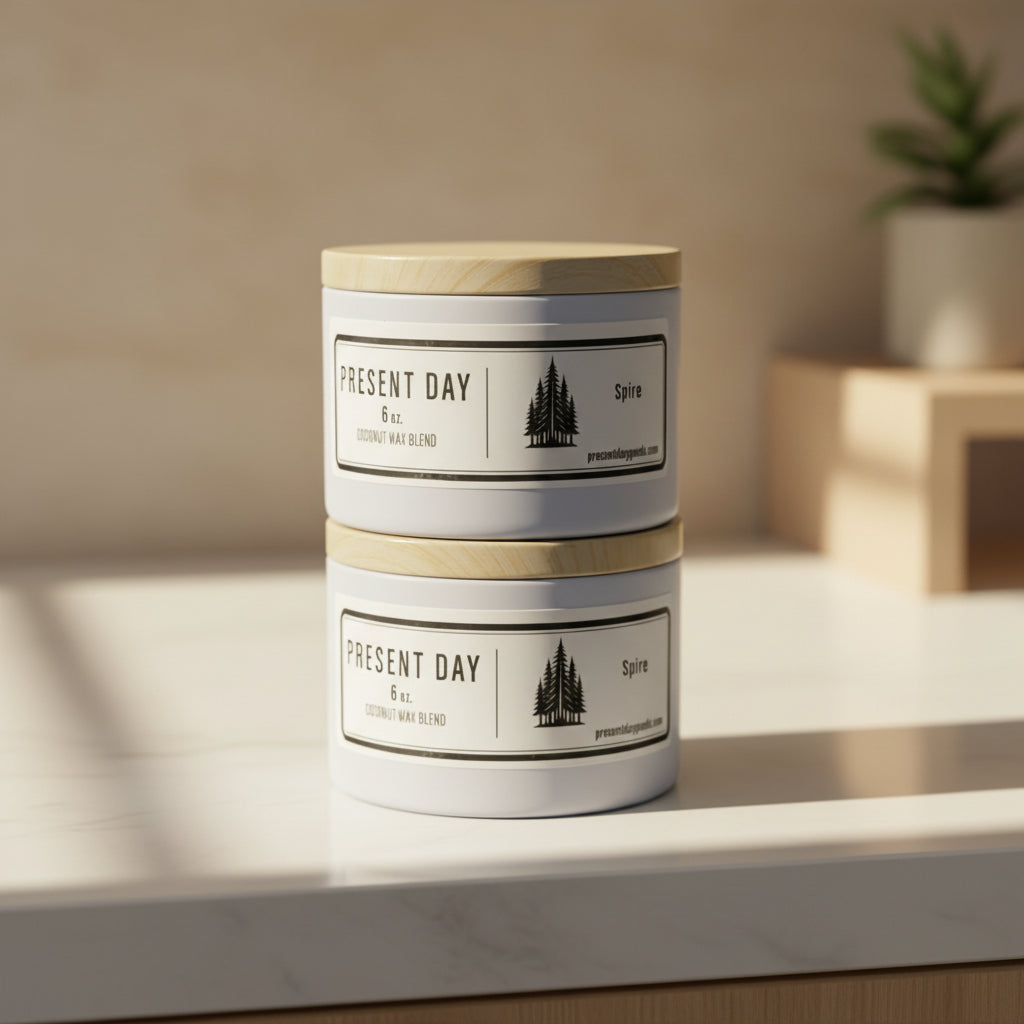 Two cylindrical containers with wooden print tin lids pine scented light background.