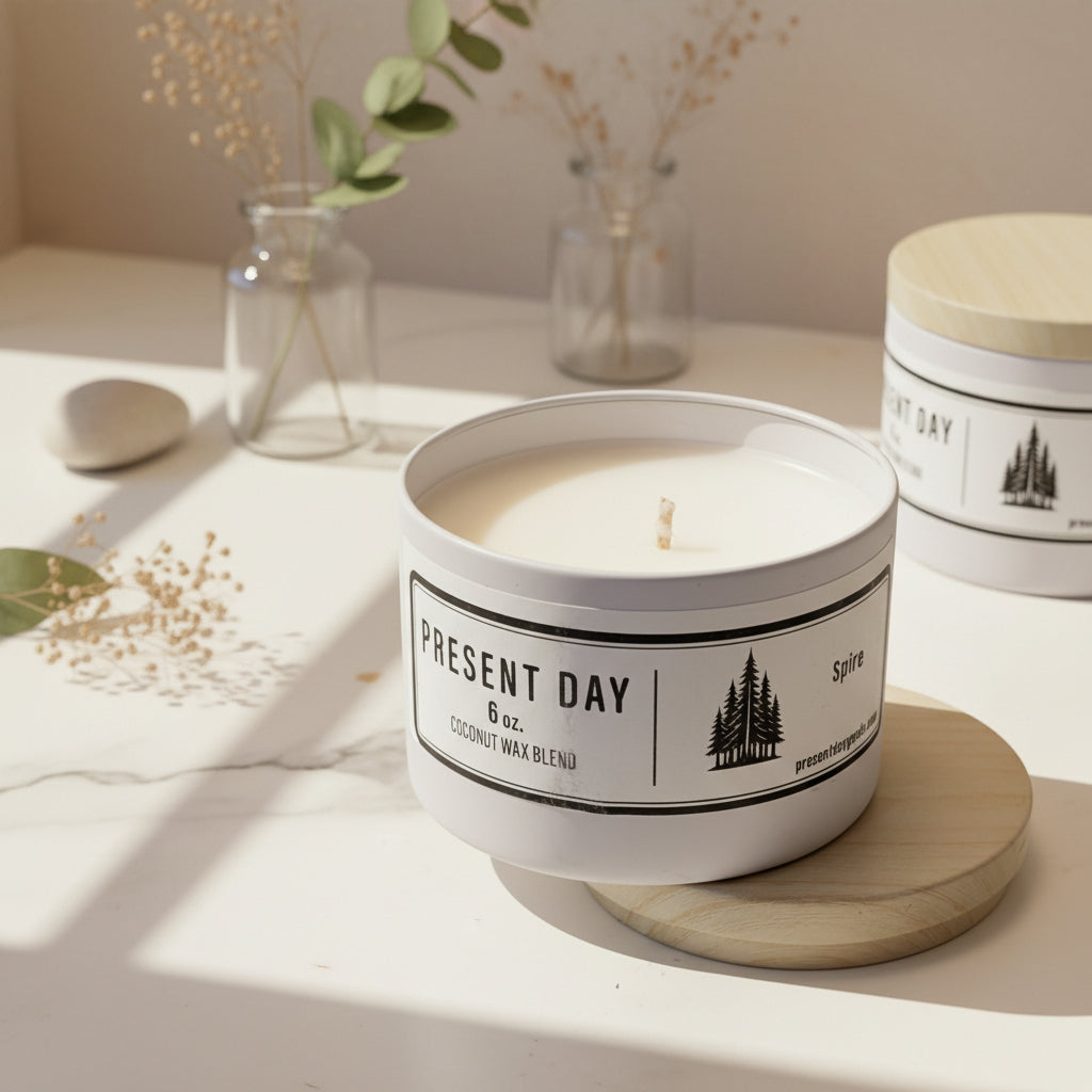Candle in a white container with a wooden printed tin lid