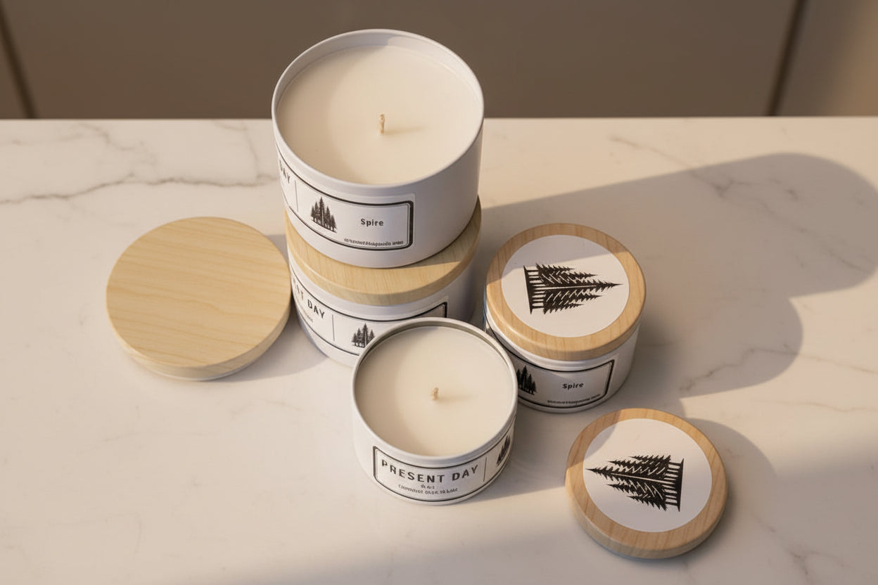 Set of candles with wooden print tin lids on a light surface
