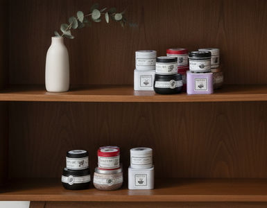 bookshelf with stacks of candles and a lamp