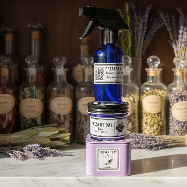 Bottle and jar with 'Present Day' branding on a wooden surface with lavender in the background