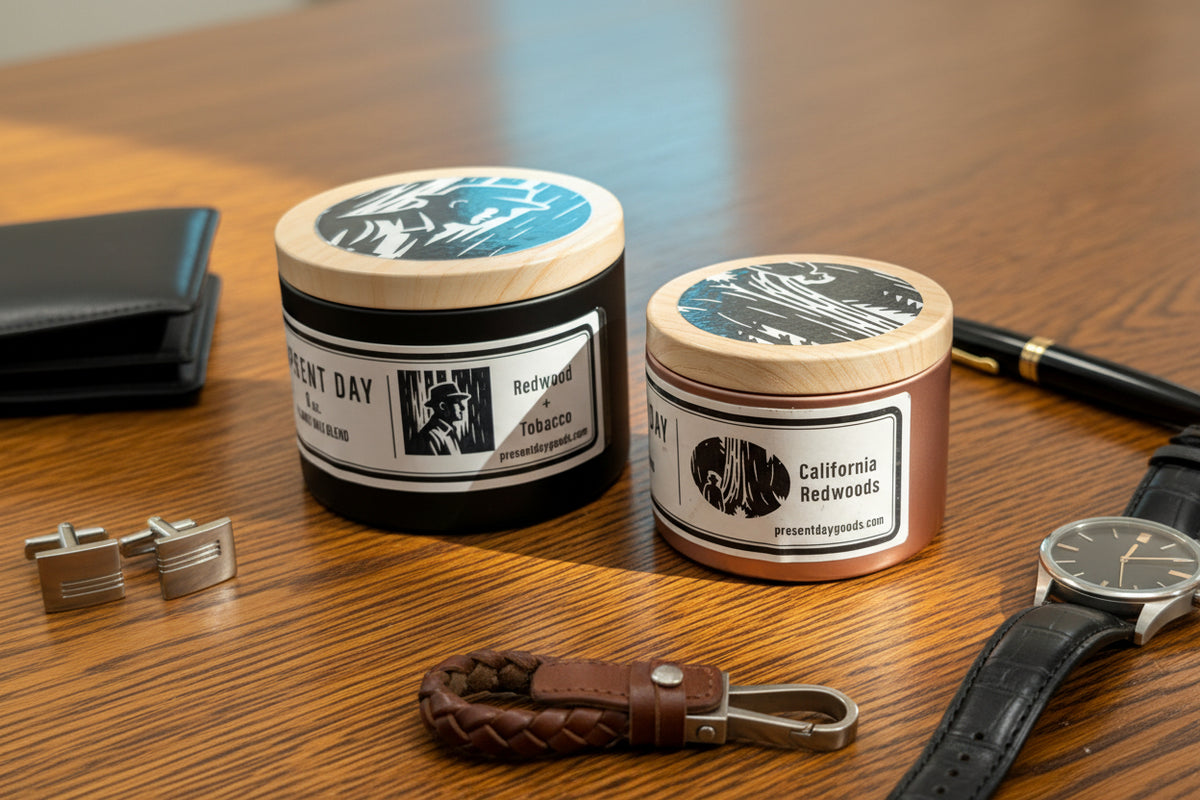 Two containers with wooden print lids on a tin container, featuring labels with text and graphics.