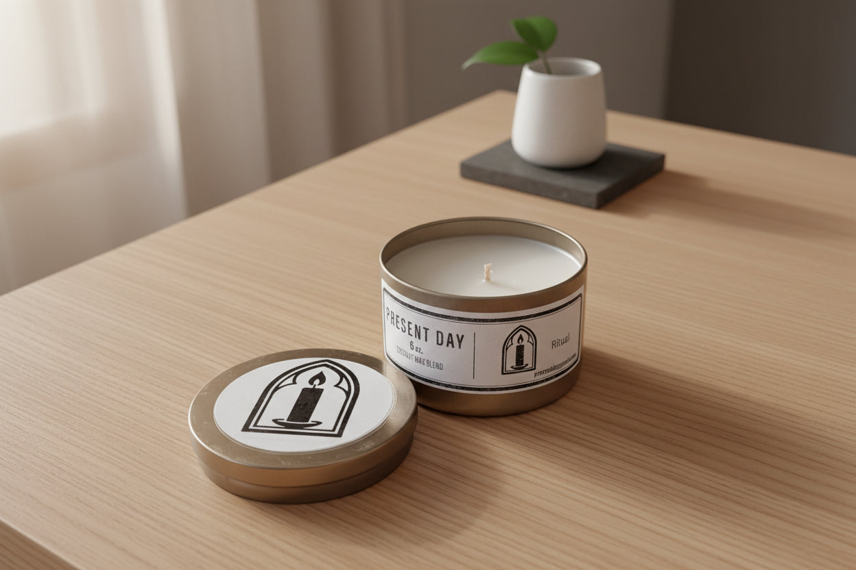 Candle in a metal container with a label on a white surface