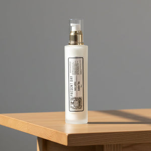Bottle of Present Day body lotion on a light surface