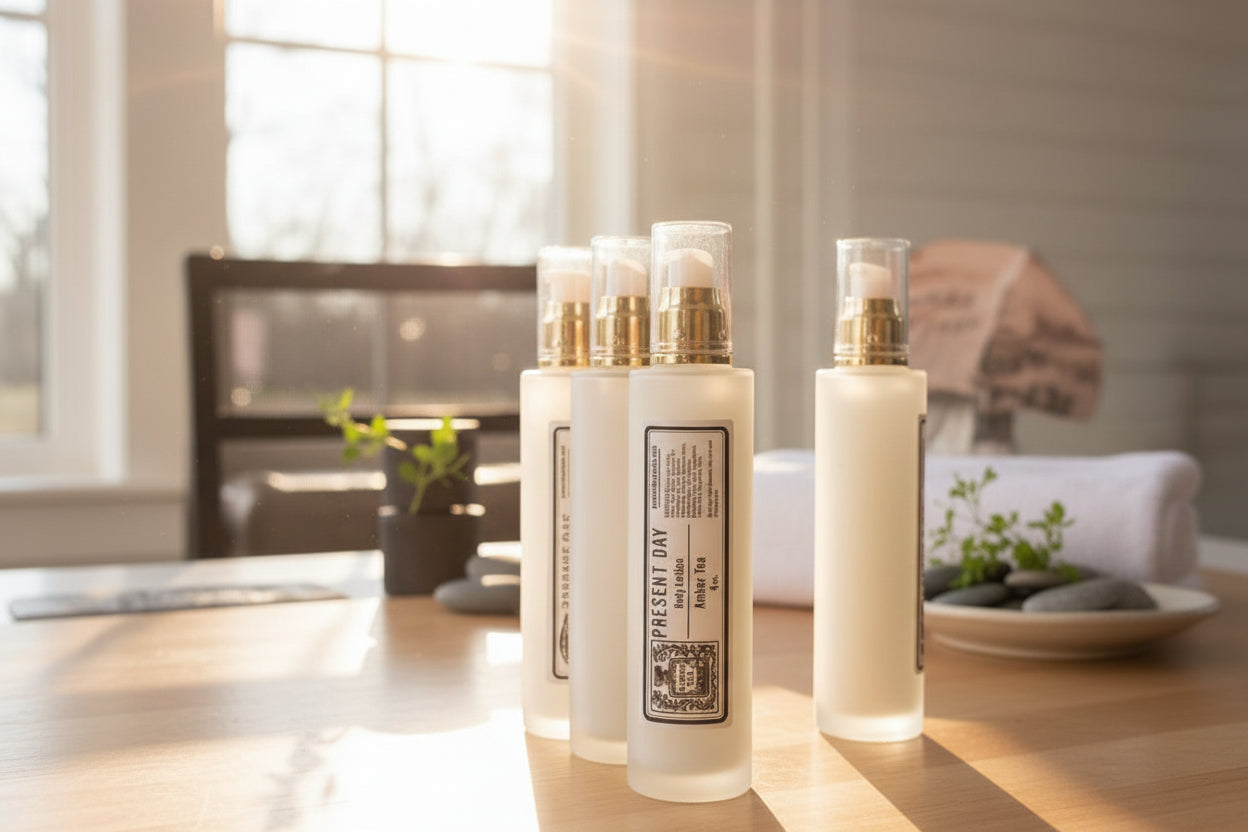 Set of white bottles with gold caps on a surface with pumpkins and apples in the background.