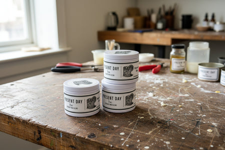 Three tins of 'Present Day' product on a table with a blurred background